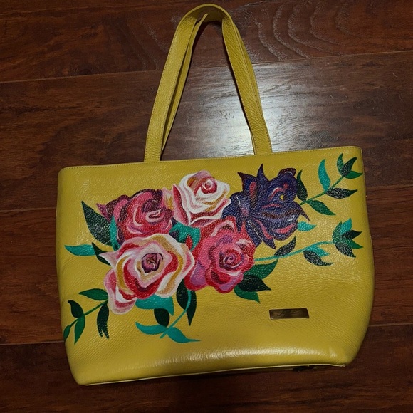 FINA CATRINA HAND PAINTED MEXICAN LEATHER YELLOW TOTE 👜 - Picture 6 of 9
